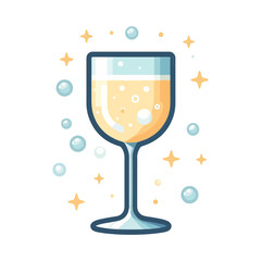 sparkling cartoon champagne glass sticker with bubbles and stars is perfect for celebration blogs, event invitations, or festive drink promotions