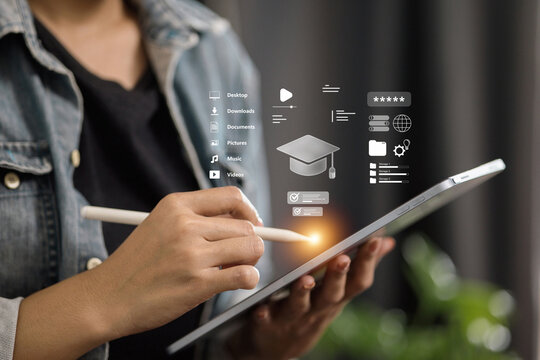 Digital Education Management with Graduation Cap and Folder Icons