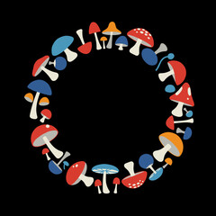Colorful circle of mushrooms on black background, playful botanical illustration, copy space