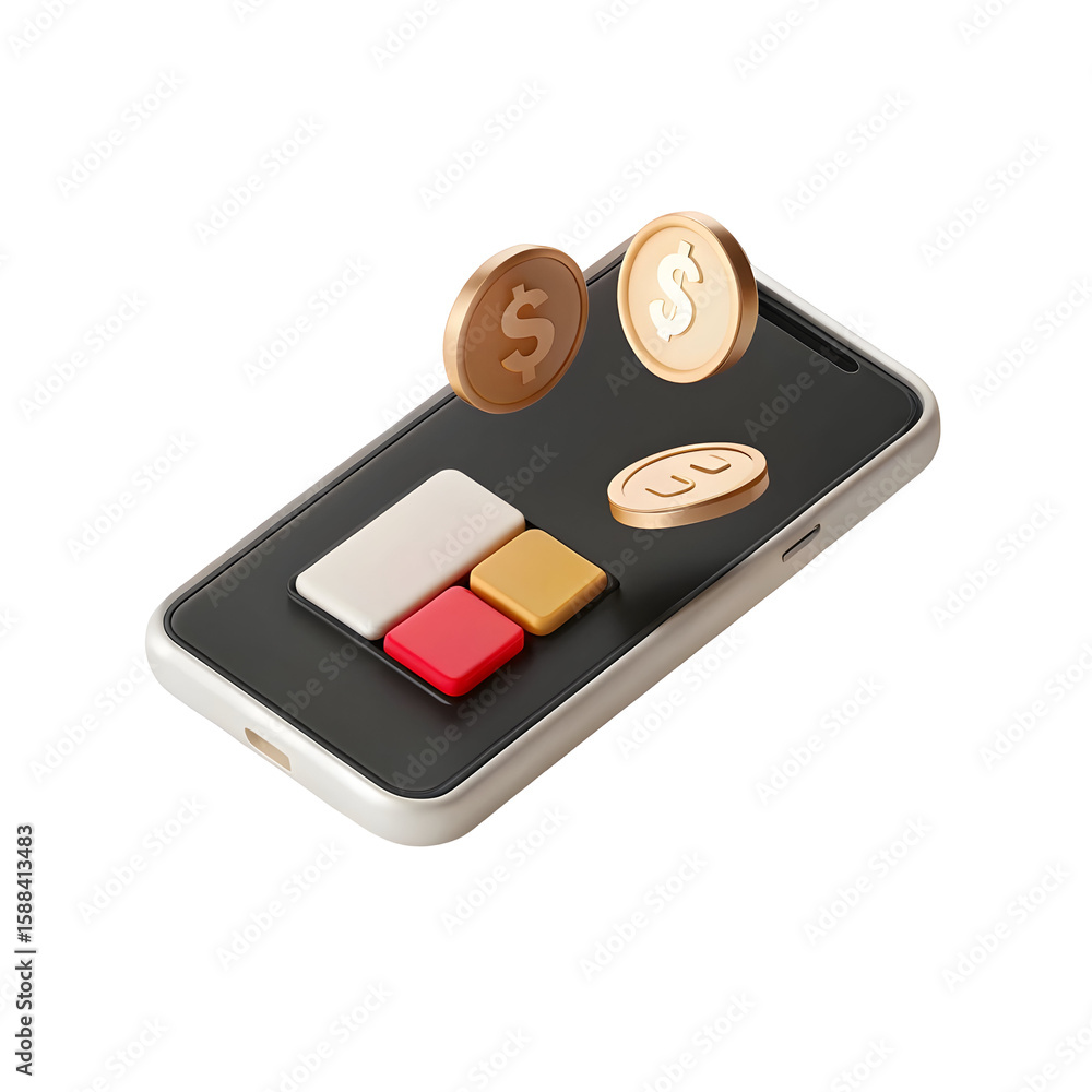 Poster golden coins above phone interface isolated on a transparent background
