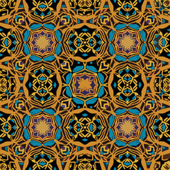 Rich, intricate seamless pattern with abstract tribal or ethnic motifs in golden yellow, teal, and purple on a dark background.