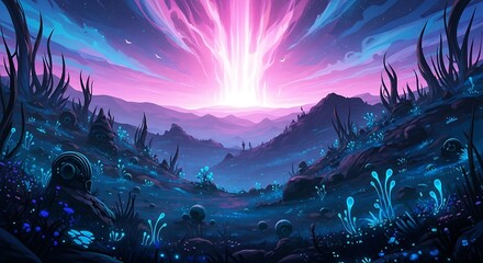 Fototapeta premium Vibrant alien landscape with glowing flora and a majestic celestial phenomenon creating a sense of