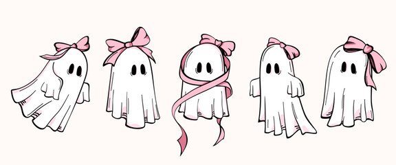 Cute hand drawn ghost characters with pink bows in different poses. Adorable girly spooky designs, vector illustrations for Halloween, stickers, posters, or themed decor. Vintage coquette aesthetic.