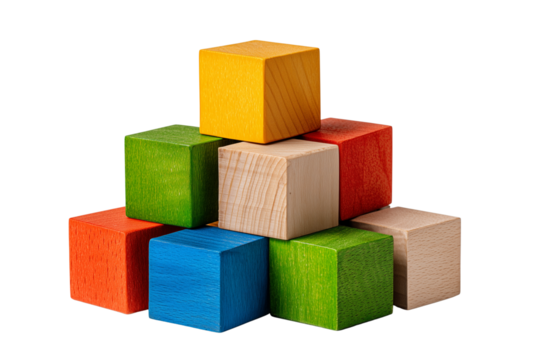 Colorful wooden cubes stacked in a pyramid shape, isolated on a transparent background.