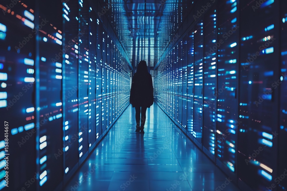 Aufkleber network engineer is walking in a server room corridor checking the big data servers