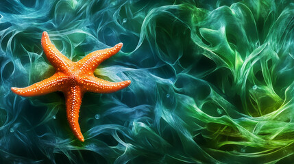 Vibrant orange starfish on colorful abstract ocean background  