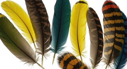 Colorful Feathers in Bright Light with White Background