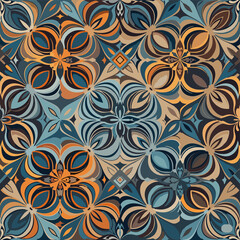 Vibrant seamless abstract pattern with kaleidoscope floral motifs in various shades of orange, blue, and brown, creating a dynamic mosaic.