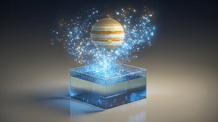 Saturn-like planet within a transparent cube.