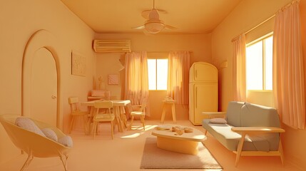 A warm, sunlit interior design in pastel hues.