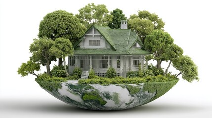 A house nestled within a miniature landscape on a floating globe.