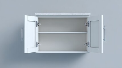 Empty white cabinet with two doors and two shelves.