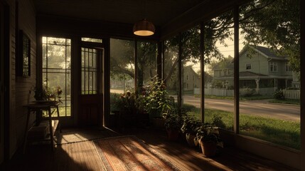 Tranquil sunlit porch with a view of a quiet street.