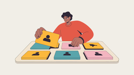 designer performing a card sorting exercise, vector illustration for user experience research, information architecture and content categorization