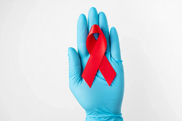 Photo of a blue gloved hand holds a red ribbon, symbolizing awareness and support for hivaids