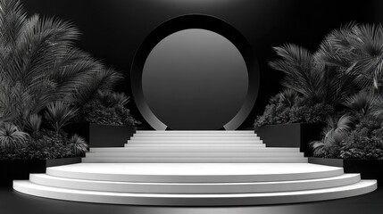 White steps and plants in a dark, minimalist setting.