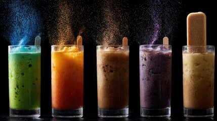 Colorful iced drinks with ice and powdered toppings.