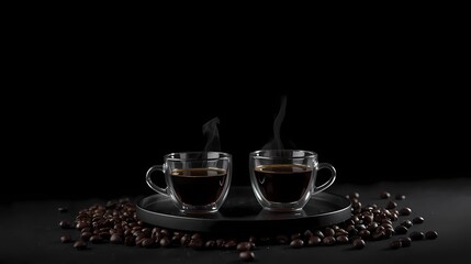 Obraz premium Two steaming cups of hot coffee surrounded by roasted coffee beans on a dark background