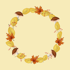 Autumn Floral Wreath Frame with yellow leaves, berries and green foliage, mushrooms on a beige background. For seasonal invitations, cards, packaging, decorative designs with an autumn theme.