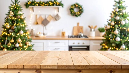 Christmas kitchen scene, a blurred wooden table