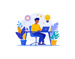 A creative young man in a yellow shirt working on a laptop at his desk with a glowing lightbulb symbolizing a new idea in a modern plantfilled workspace.