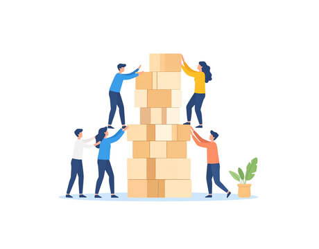 A collaborative team of people in a flat illustration style working together to build a tall tower from large cardboard boxes.