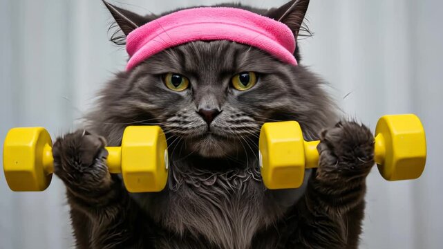 Determined cat in pink headband lifts dumbbells for fitness motivation