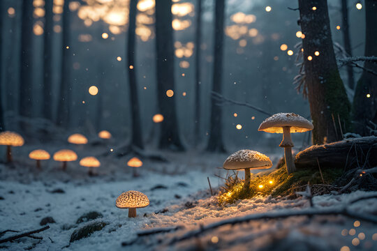 Bioluminescent mushrooms and sparkling lights illuminate a serene, frosted forest floor in a whimsical, fairytale winter scene generative ai