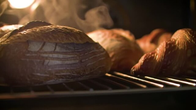 Freshly baked bread loaves steaming on oven rack  