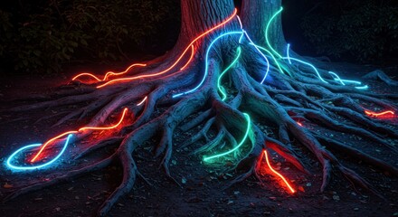 Colorful Illuminated Tree Roots with Neon Lights at Night in Dark Forest