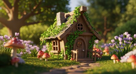 Fototapeta premium Whimsical Fairy Tale Treehouse Surrounded by Colorful Mushrooms and Blooming Flowers in Sunny Garden