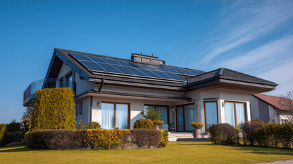 Modern Family House with Solar Panels on Roof under Clear Sky – Sustainable Energy Concept