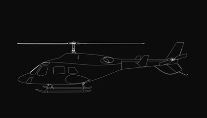A detailed black and white contour drawing of a helicopter with clearly defined wings, tail, and cockpit. The stark black background enhances the white outline, creating a striking contrast.
