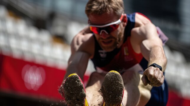 Athlete launches in midair during intense long jump competition - Powered by Adobe