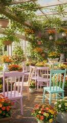 Colorful Indoor Garden Patio with Pink and Blue Chairs Surrounded by Vibrant Flowers and Greenery