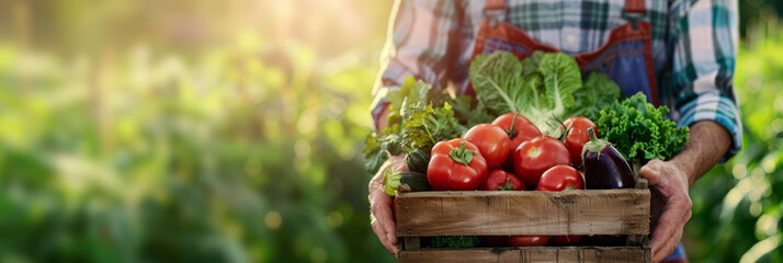 Farmer holding a wooden box full of fresh raw vegetables. Blurred green farm field background, with copy space.