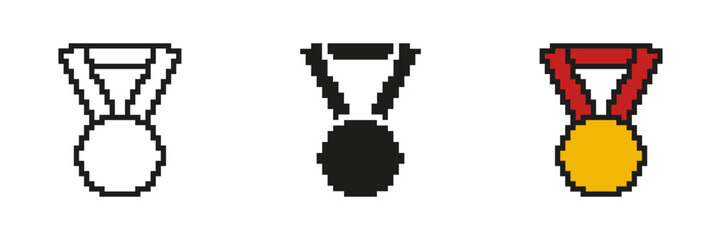 Obraz premium Medal Pixelated Icon Set. Pixel Art Symbol of an Award for Achievement. Victory and Recognition. Isolated Vector Illustration