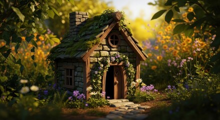 Charming Small Cottage House with Mossy Roof Surrounded by Colorful Garden