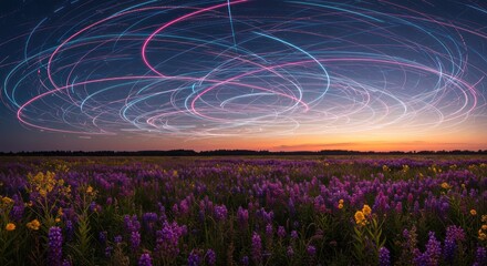 Colorful Light Trails Over Purple Flower Field During Sunset