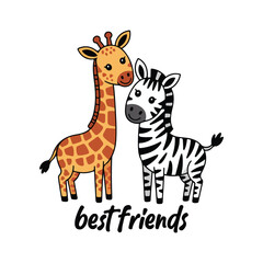 Cute cartoon giraffe and zebra with best friends text