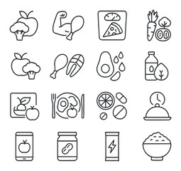 Nutrient dense icon collection: healthy food, diet, plate, vegetables, protein, avocado, linear vector icons