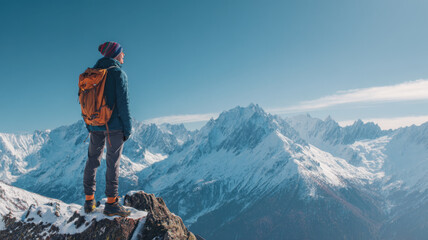 Man with backpack standing on the top of the mountain and admiring majestic landscape.