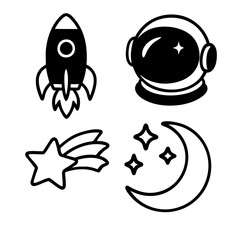 Minimalist space-themed icons including a rocket, astronaut helmet, and celestial elements. Perfect for science or kids projects.
