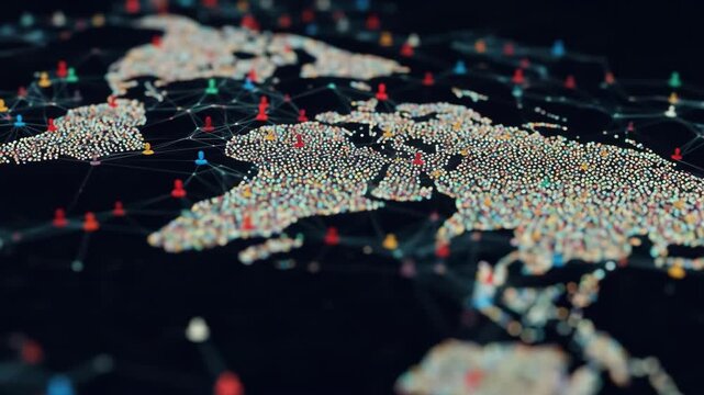 Global Network: Humanity's interconnected world visualized through a dynamic map of tiny figures linked by glowing lines.