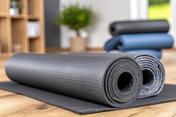Rolled yoga mats resting on a wooden floor, in a home gym or studio setting.  Several mats stacked in the background
