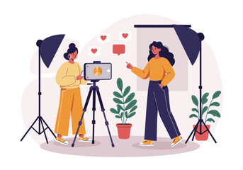 Social media content creators filming video for online platforms, Flat cartoon vector illustration