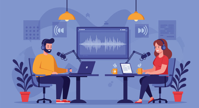 Podcast recording session man and woman interviewing Flat cartoon vector illustration