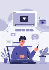 Podcast studio a man recording a show with professional equipment vector illustration
