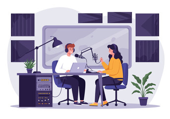 Podcast recording session man and woman interviewing Flat cartoon vector illustration