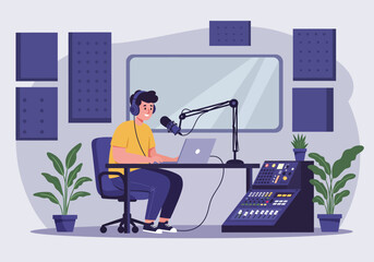 Podcast studio man recording with microphone and laptop, Flat cartoon vector illustration